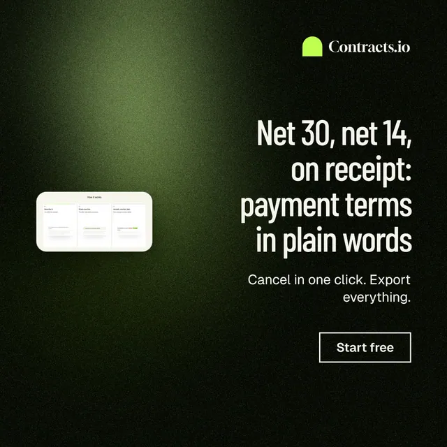 Instagram post for contracts.io: "Net 30, net 14, on receipt: payment terms in plain words". Dark deco style, right layout, dark palette in black, grey.