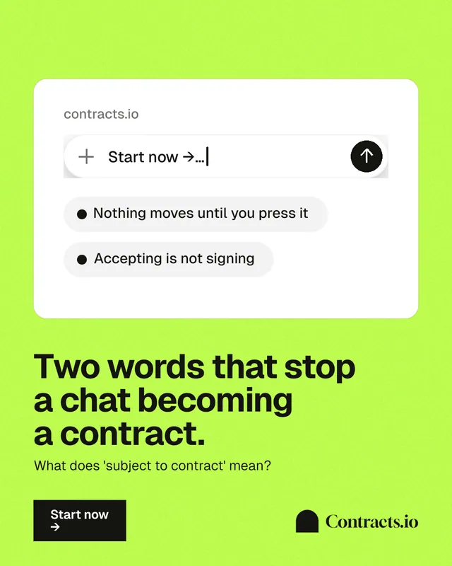 Instagram portrait post for contracts.io: "Two words that stop a chat becoming a contract." Swiss style, bottom layout, light palette in green, white.