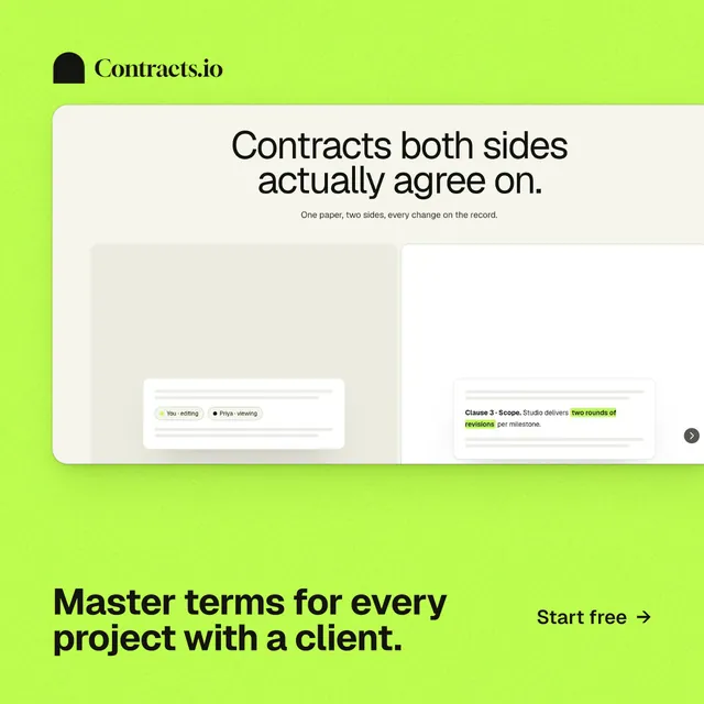 Instagram post for contracts.io: "Master terms for every project with a client." Swiss style, image led layout, light palette in green.