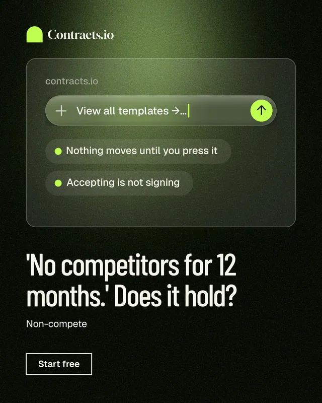 Instagram portrait post for contracts.io: "'No competitors for 12 months.' Does it hold?" Dark deco style, bottom layout, dark palette in black, green, grey.