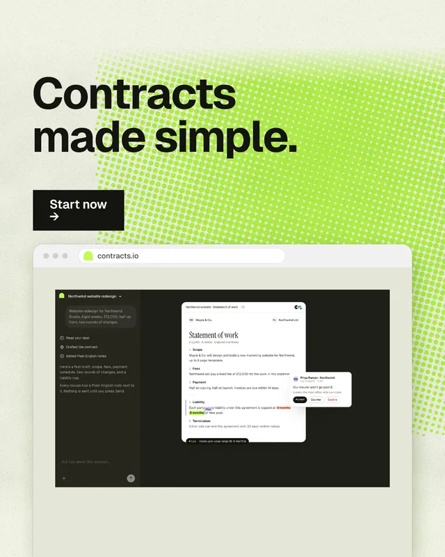 Instagram portrait post for contracts.io: "Contracts made simple." Swiss style, browser layout, light palette in green, black, white.