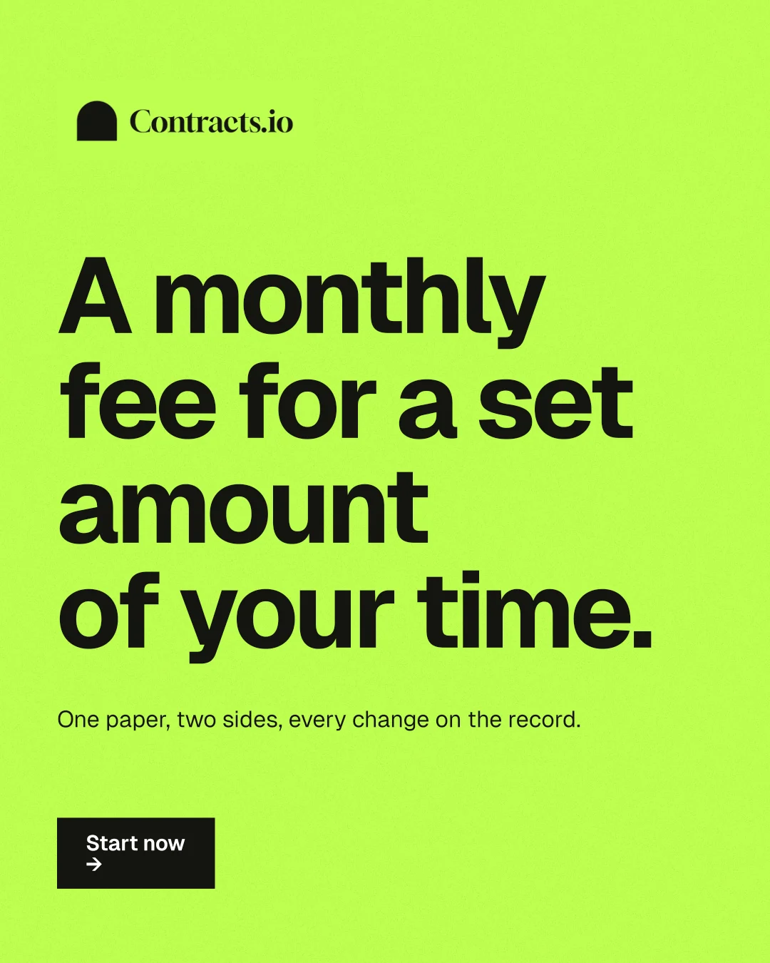 Instagram portrait post for contracts.io: "A monthly fee for a set amount of your time." Swiss style, announce layout, light palette in green.