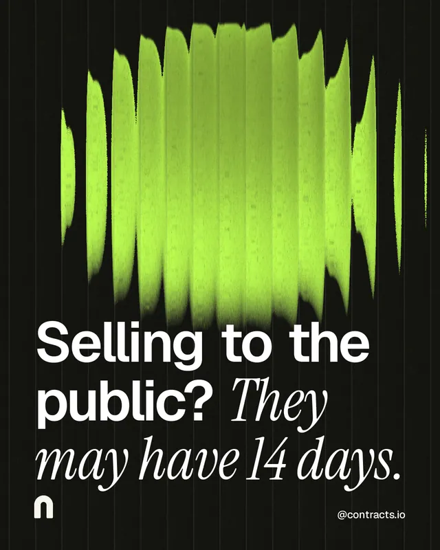 Instagram portrait post for contracts.io: "Selling to the public? They may have 14 days." Auto 4x5 style, technique:shader field layout, dark palette in green, black.