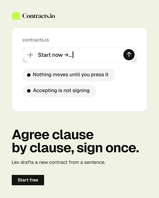Instagram portrait post for contracts.io: "Agree clause by clause, sign once." Swiss style, bottom layout, light palette in white, grey.