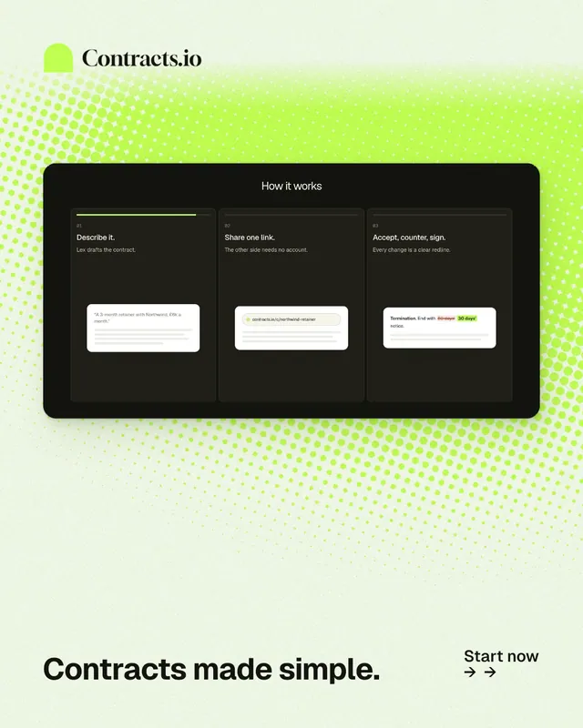 Instagram portrait post for contracts.io: "Contracts made simple." Swiss style, image led layout, light palette in white, black, green.