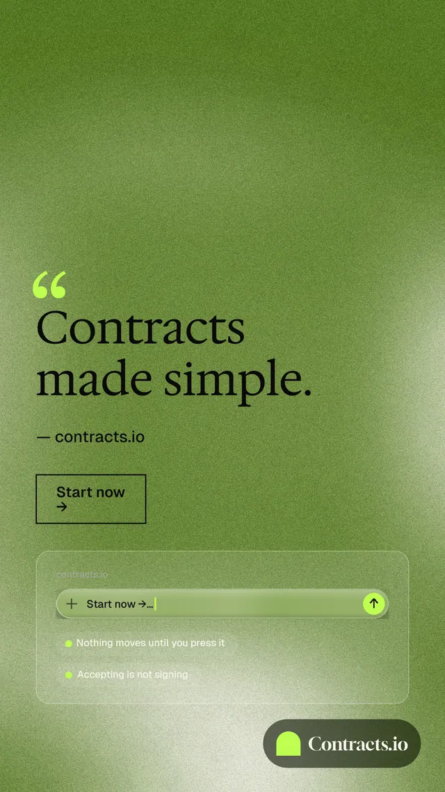 Instagram story for contracts.io: "Contracts made simple." Cyanotype style, quote layout, light palette in green.