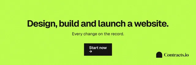 X header for contracts.io: "Design, build and launch a website." Swiss style, centred layout, light palette in green.