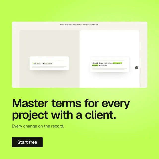 Video for contracts.io: "Master terms for every project with a client.". Doc motion loop, 6.0 s, light palette.
