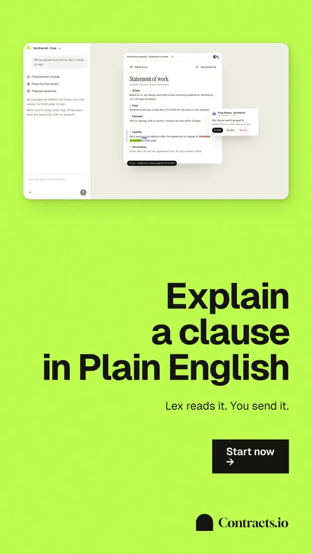 Instagram story for contracts.io: "Explain a clause in Plain English". Swiss style, right layout, light palette in green.
