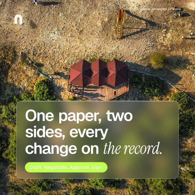 Instagram post for contracts.io: "One paper, two sides, every change on the record." Glass style, technique:pexels ingredient layout, dark palette in yellow, black, brown.