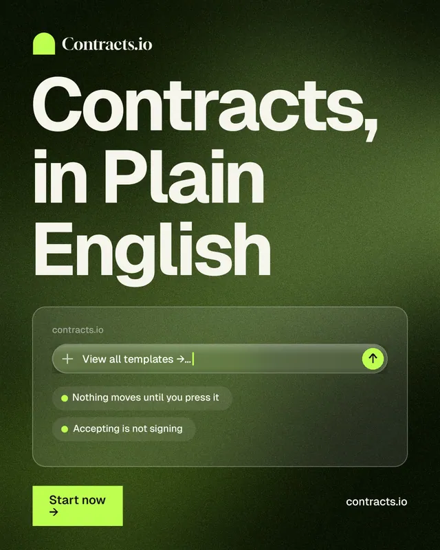 Instagram portrait post for contracts.io: "Contracts, in Plain English". Swiss style, poster layout, dark palette in green, black.