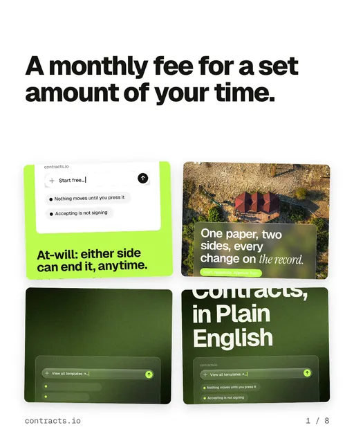 Carousel for contracts.io: "A monthly fee for a set amount of your time.". Collection carousel, 8 slides, light palette.