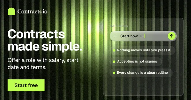 Social ad for contracts.io: "Contracts made simple." Swiss style, bottom layout, dark palette in black, green.