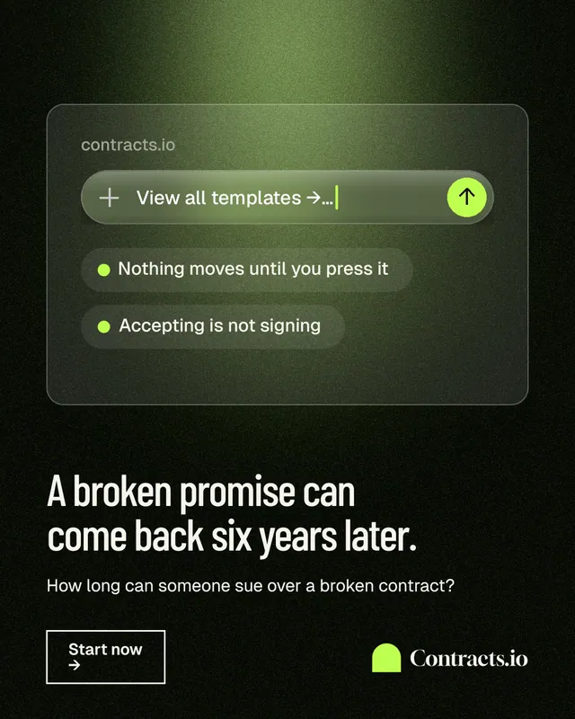 Instagram portrait post for contracts.io: "A broken promise can come back six years later." Dark deco style, bottom layout, dark palette in black, green.