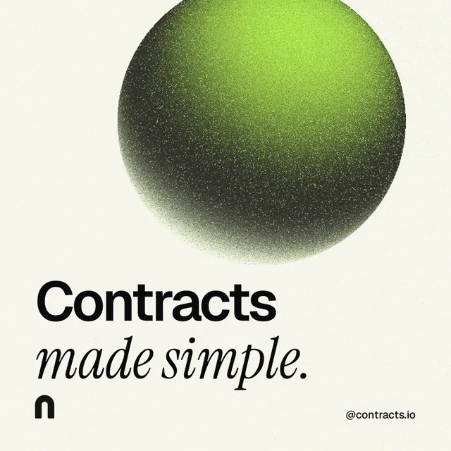 Instagram post for contracts.io: "Contracts made simple." Auto 1x1 style, technique:shader field layout, light palette in white, grey.