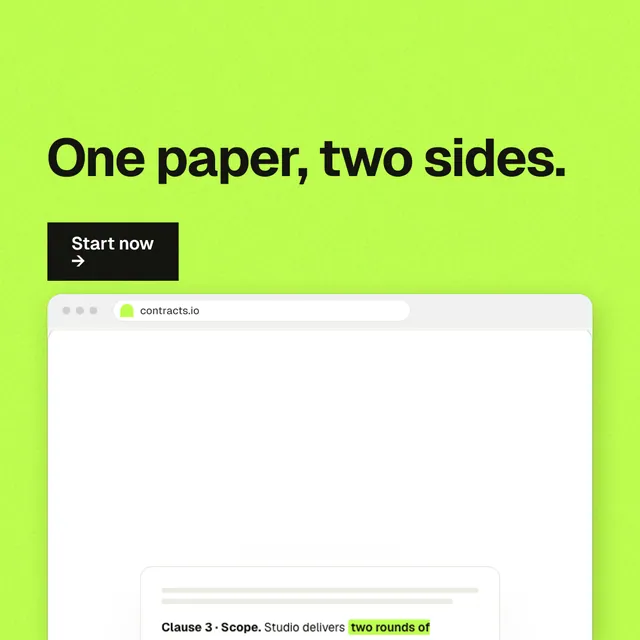Instagram post for contracts.io: "One paper, two sides." Swiss style, browser layout, light palette in green, white.