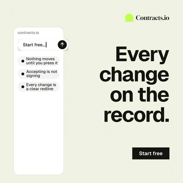Instagram post for contracts.io: "Every change on the record." Swiss style, right layout, light palette in white, grey.