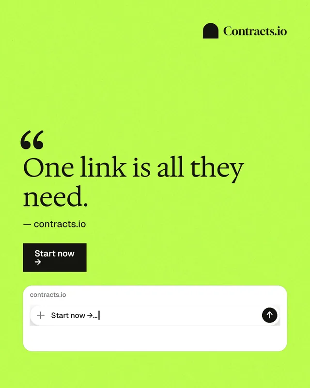 Instagram portrait post for contracts.io: "One link is all they need." Swiss style, quote layout, light palette in green.