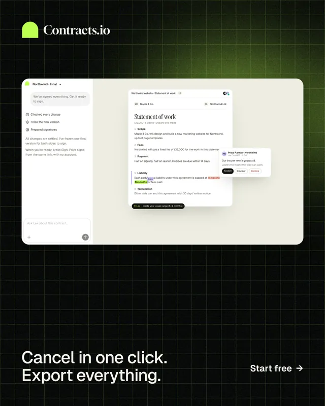 Instagram portrait post for contracts.io: "Cancel in one click. Export everything." Phosphor atlas style, image led layout, dark palette in white, black.