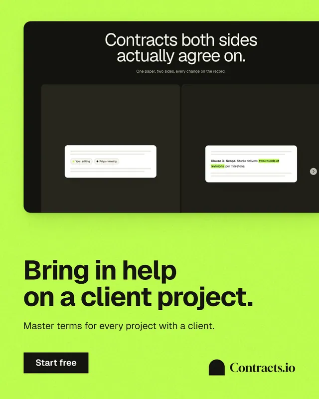 Instagram portrait post for contracts.io: "Bring in help on a client project." Swiss style, bottom layout, light palette in green, black.
