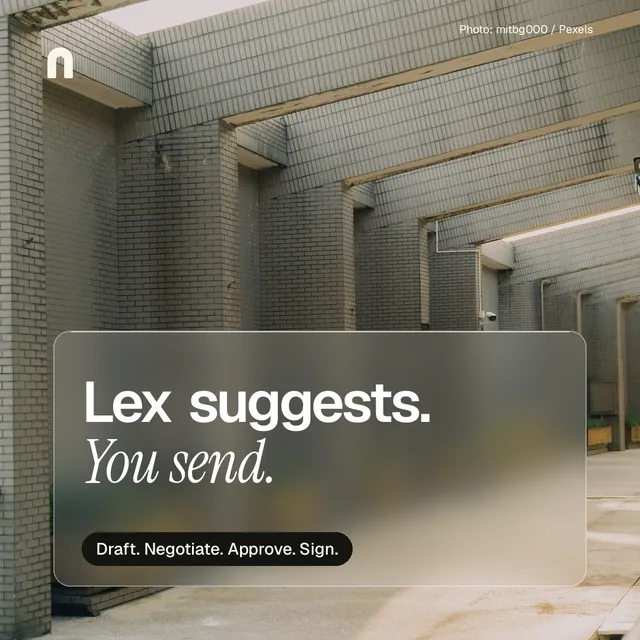 Instagram post for contracts.io: "Lex suggests. You send." Glass style, technique:pexels ingredient layout, light palette in grey, orange.