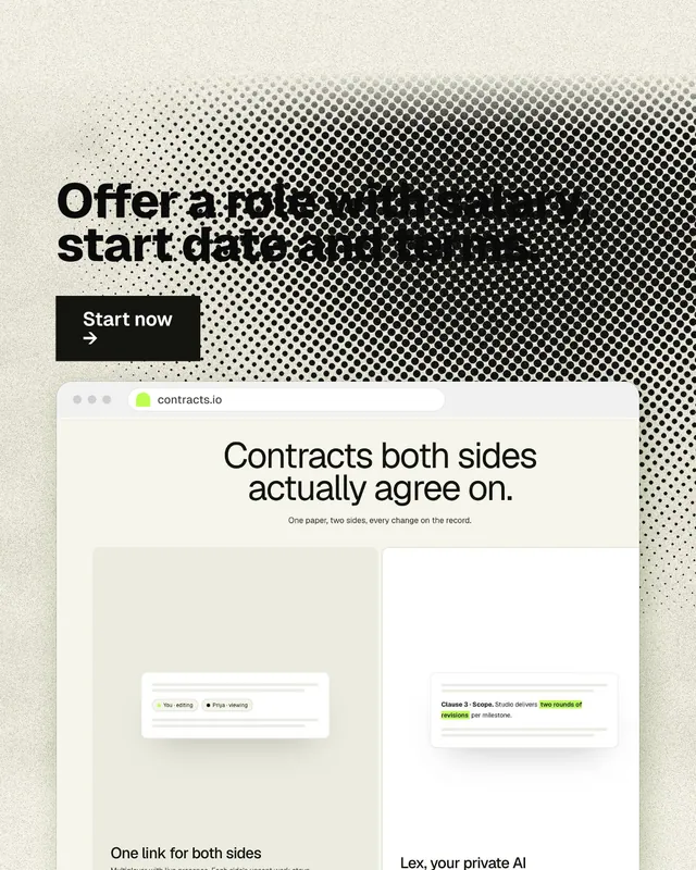 Instagram portrait post for contracts.io: "Offer a role with salary, start date and terms." Ink sticker style, browser layout, light palette in yellow, grey, white.