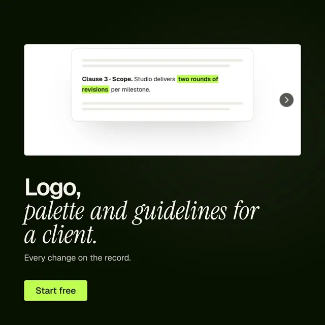 Video for contracts.io: "Logo, palette and guidelines for a client.". Doc motion loop, 6.0 s, dark palette.