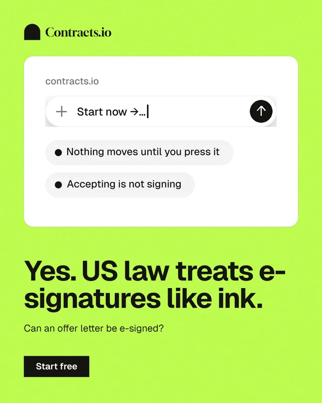 Instagram portrait post for contracts.io: "Yes. US law treats e-signatures like ink." Swiss style, bottom layout, light palette in green, white.