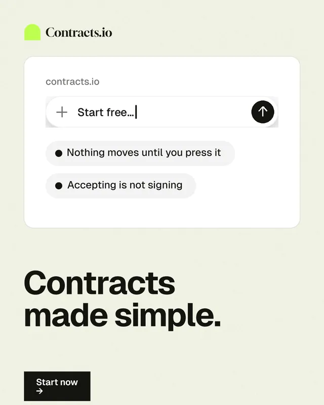 Instagram portrait post for contracts.io: "Contracts made simple." Swiss style, bottom layout, light palette in white, grey.