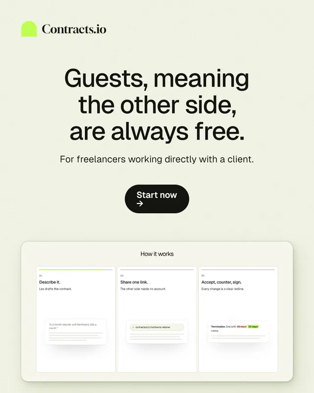 Instagram portrait post for contracts.io: "Guests, meaning the other side, are always free." Data card style, centred layout, light palette in yellow, white, green.