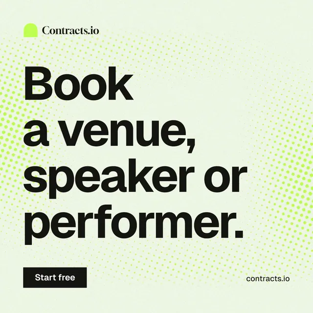 Instagram post for contracts.io: "Book a venue, speaker or performer." Swiss style, poster layout, light palette in white, green, grey.