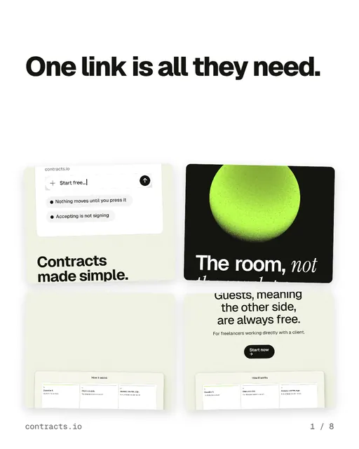 Carousel for contracts.io: "One link is all they need.". Collection carousel, 8 slides, light palette.