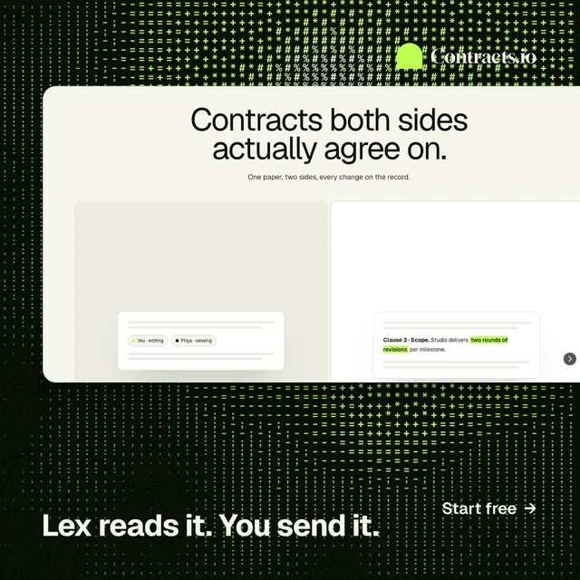 Instagram post for contracts.io: "Lex reads it. You send it." Swiss style, image led layout, light palette in black, white, green.