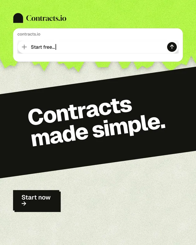 Instagram portrait post for contracts.io: "Contracts made simple." Paper trio style, diagonal layout, light palette in white, black, green.