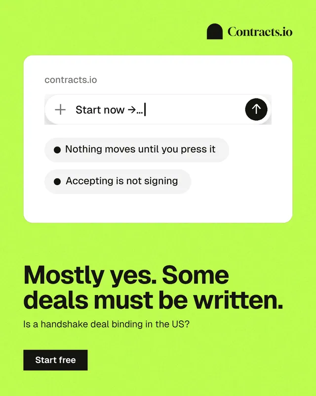 Instagram portrait post for contracts.io: "Mostly yes. Some deals must be written." Swiss style, bottom layout, light palette in green, white.