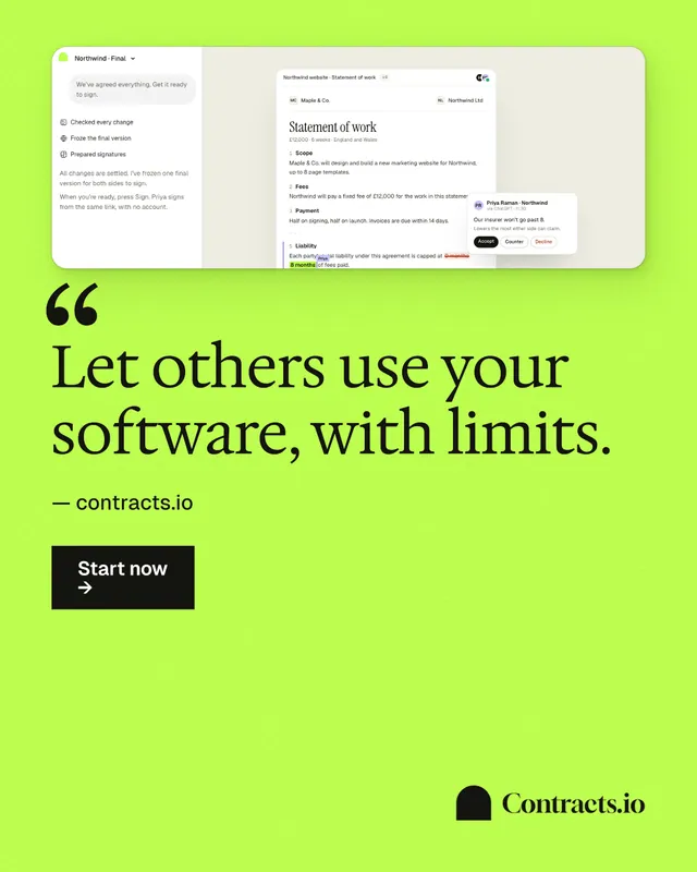 Instagram portrait post for contracts.io: "Let others use your software, with limits." Swiss style, quote layout, light palette in green.