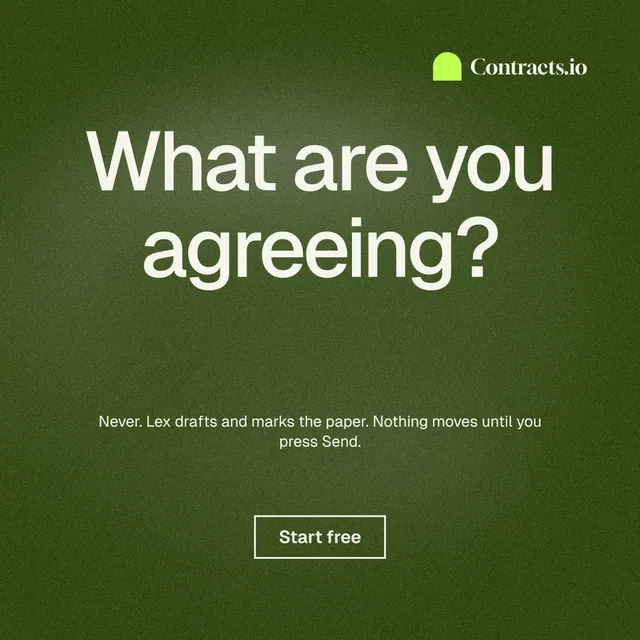 Instagram post for contracts.io: "What are you agreeing?" Cyanotype style, centred layout, dark palette in green, grey.