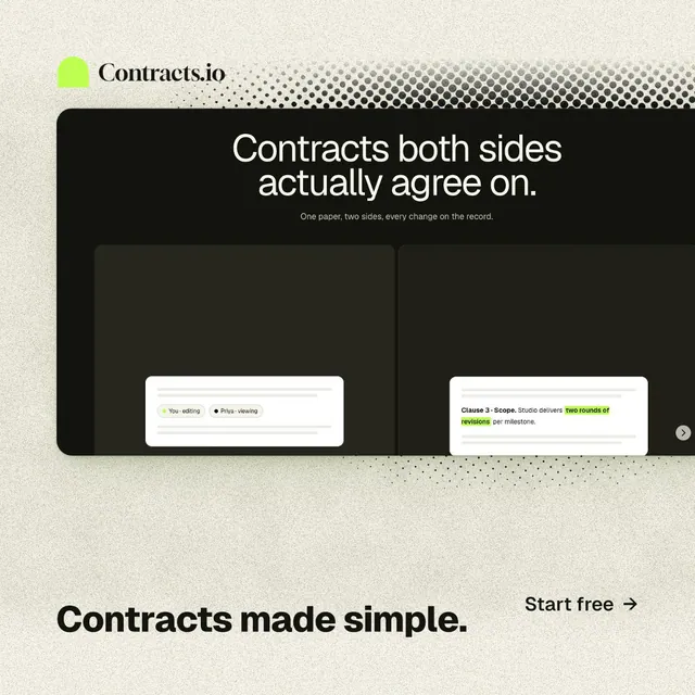 Instagram post for contracts.io: "Contracts made simple." Ink sticker style, image led layout, light palette in black, yellow, grey.