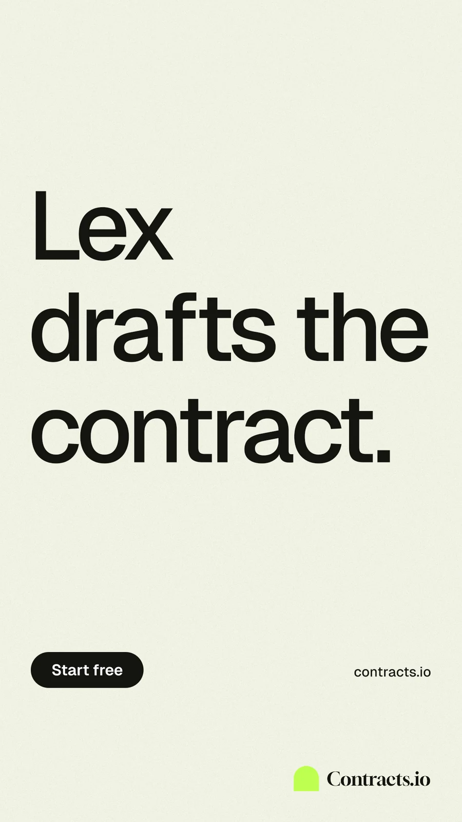 Instagram story for contracts.io: "Lex drafts the contract." Data card style, poster layout, light palette in white, grey.