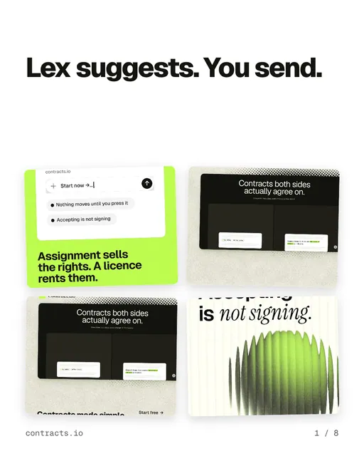 Carousel for contracts.io: "Lex suggests. You send.". Collection carousel, 8 slides, light palette.