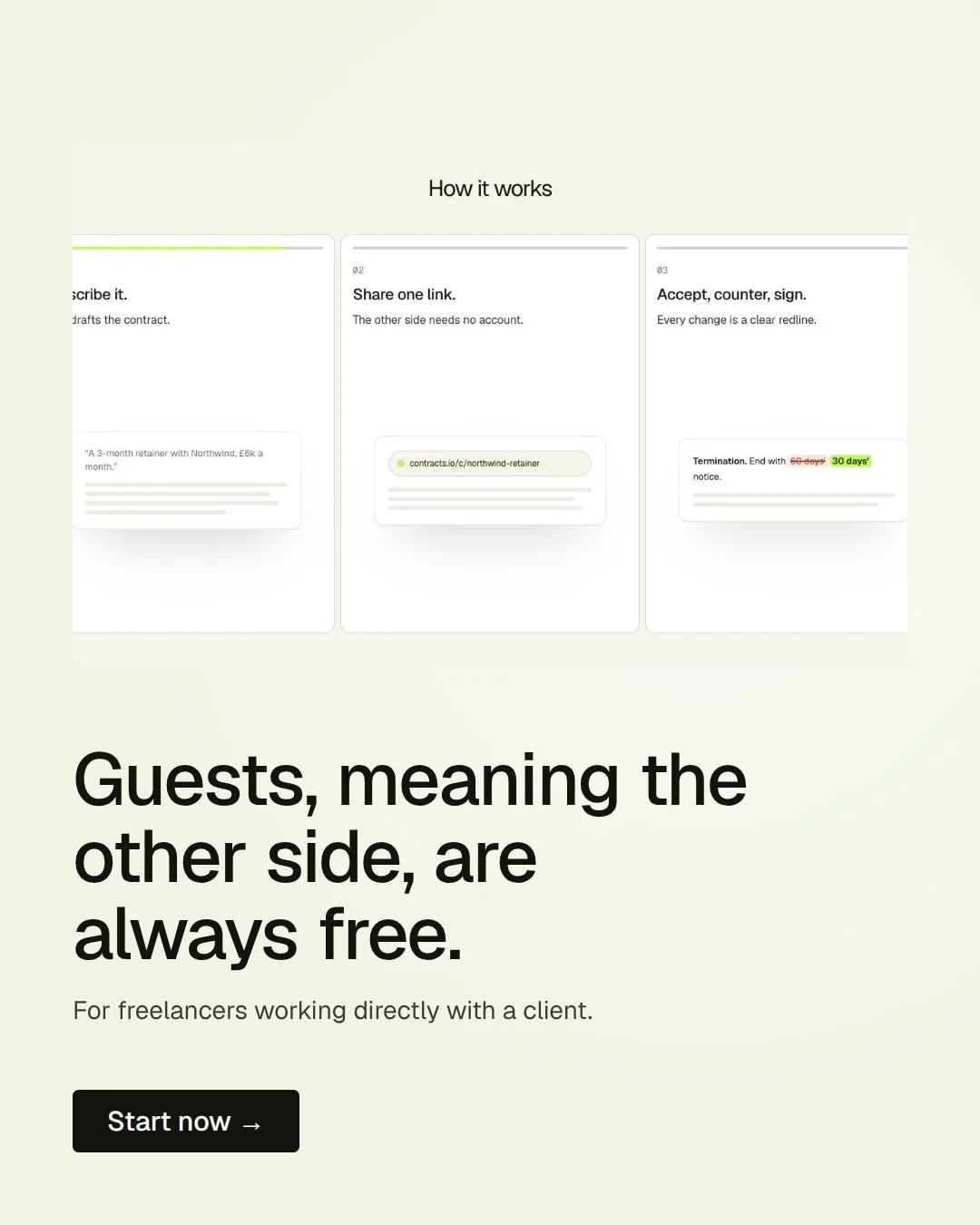 Video for contracts.io: "Guests, meaning the other side, are always free.". Doc motion loop, 6.0 s, light palette.