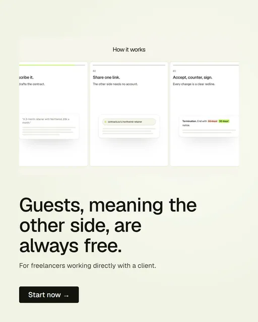 Video for contracts.io: "Guests, meaning the other side, are always free.". Doc motion loop, 6.0 s, light palette.