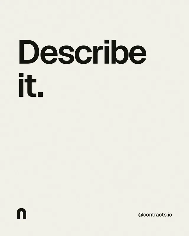 Instagram portrait post for contracts.io: "Describe it." Editorial style, technique:mixed type lockup layout, light palette in white, grey.