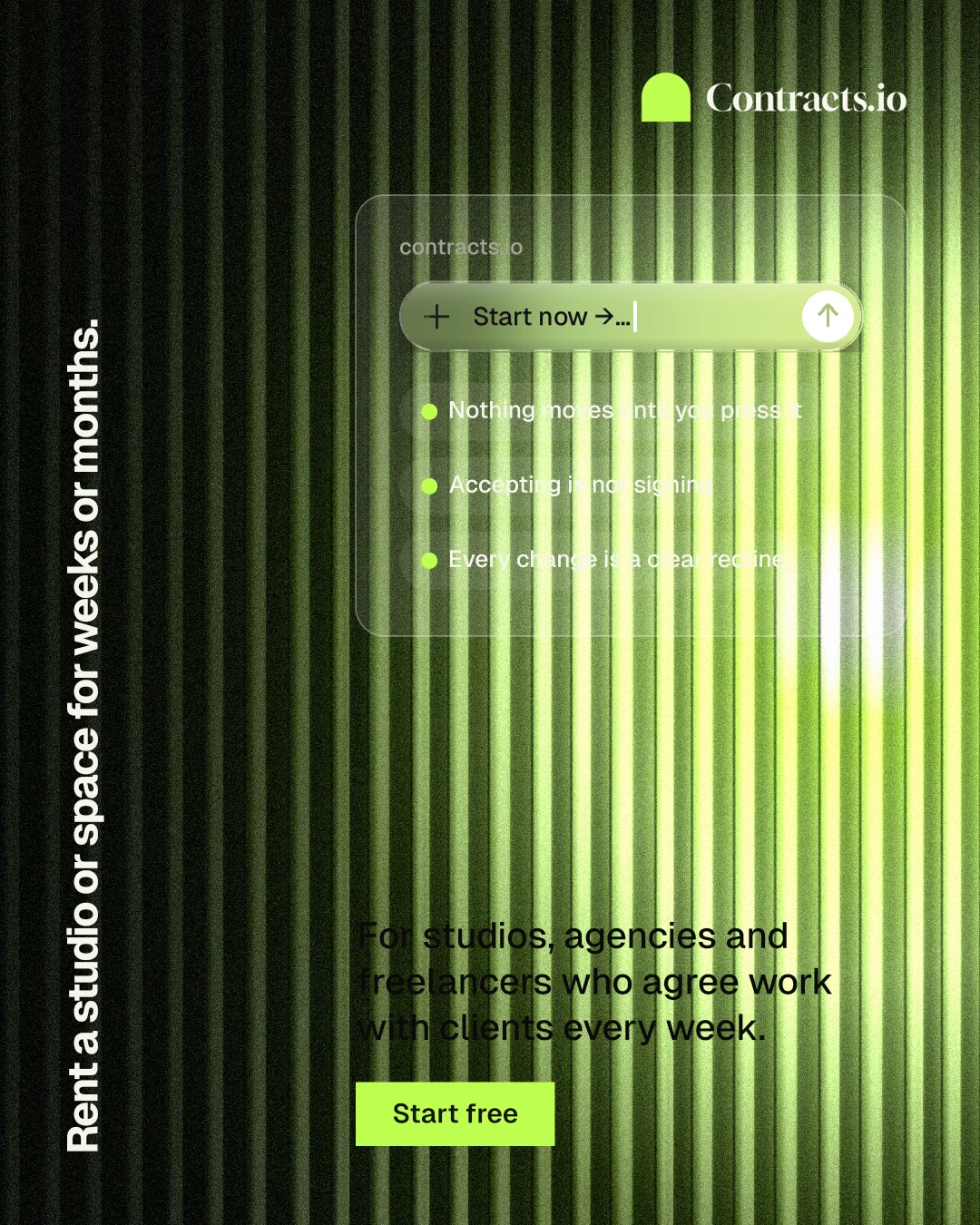 Instagram portrait post for contracts.io: "Rent a studio or space for weeks or months." Swiss style, vertical layout, dark palette in green, black.