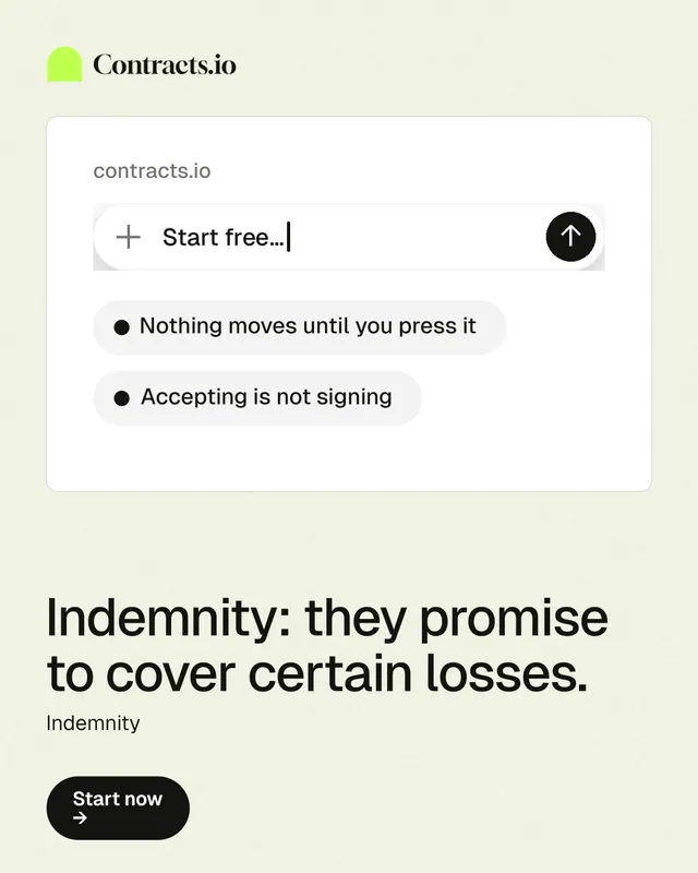 Instagram portrait post for contracts.io: "Indemnity: they promise to cover certain losses." Data card style, bottom layout, light palette in white, grey.