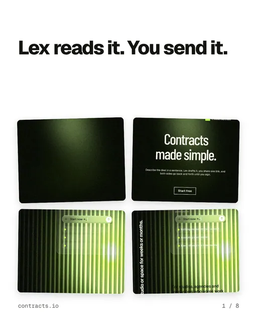 Carousel for contracts.io: "Lex reads it. You send it.". Collection carousel, 8 slides, light palette.
