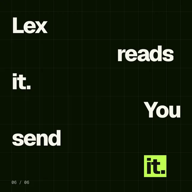 Video for contracts.io: "Lex reads it. You send it.". Kinetic type grid, 6.0 s, dark palette.