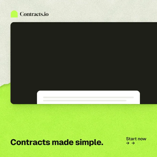 Instagram post for contracts.io: "Contracts made simple." Paper trio style, image led layout, light palette in black, green.