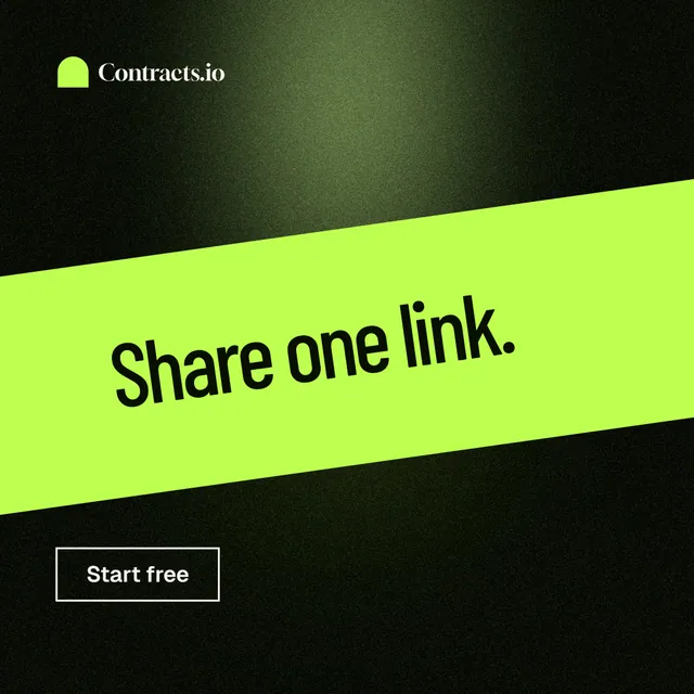 Instagram post for contracts.io: "Share one link." Dark deco style, diagonal layout, dark palette in green, black.