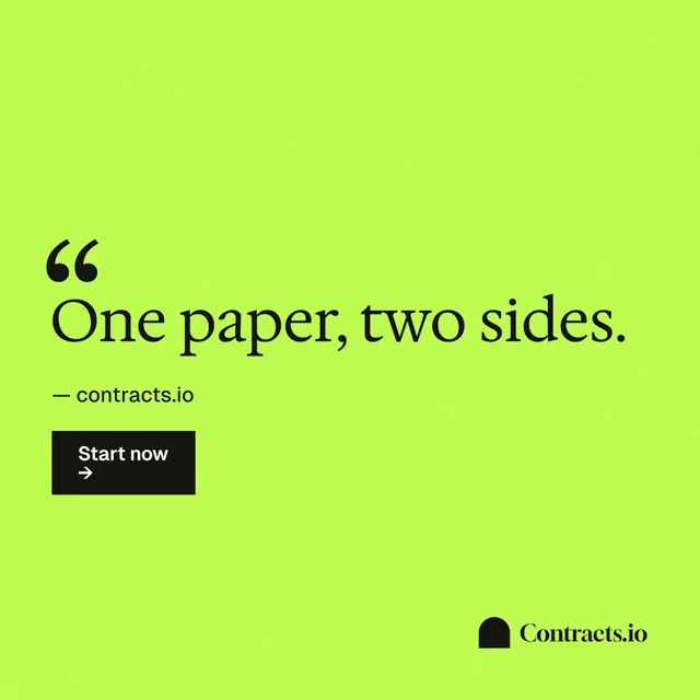 Instagram post for contracts.io: "One paper, two sides." Swiss style, quote layout, light palette in green.